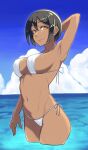  1girl arm_behind_head arm_up bangs bikini black_hair blue_sky brown_eyes closed_mouth cloud cloudy_sky commentary_request dark_skin dark_skinned_female day highres horizon looking_at_viewer medium_hair navel ocean original outdoors short_hair side-tie_bikini sky smile solo standing string_bikini swimsuit wading water white_bikini yougata 