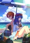  1boy 1girl ane-suisei back-to-back beach bikini bikini_skirt blue_eyes blue_hair blue_sky blurry blurry_foreground closed_mouth cloud couple day fire_emblem fire_emblem:_the_binding_blade fish flower food fruit hair_flower hair_ornament hair_over_one_eye hair_tubes head_wreath hetero hibiscus highres hood hood_down hooded_jacket jacket lens_flare lilina_(fire_emblem) long_hair male_swimwear ocean open_clothes open_jacket orange_bikini orange_hair orange_skirt outdoors parasol red_flower roy_(fire_emblem) short_hair skirt sky swim_trunks swimsuit swimwear umbrella watermelon white_jacket 