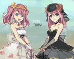  2girls :d bangs black_choker black_dress black_veil blue_eyes breasts byoru character_name choker cleavage closed_mouth collarbone cowboy_shot detached_sleeves dress eyebrows_visible_through_hair flower frown gloves gradient gradient_background grey_sleeves hair_between_eyes hair_flower hair_ornament hand_on_hilt hiiragi_yuzu layered_dress long_hair multiple_girls open_mouth pink_hair sleeveless sleeveless_dress small_breasts smile standing strapless strapless_dress sword twintails weapon white_choker white_dress white_gloves yellow_flower yu-gi-oh! yu-gi-oh!_arc-v 