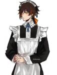  1boy absurdres alternate_costume apron bangs black_hair brown_hair closed_mouth earrings enmaided eyebrows_visible_through_hair eyeliner frills genshin_impact gradient_hair hair_ribbon hands_together highres jewelry long_hair long_sleeves looking_to_the_side maid maid_apron maid_headdress makeup male_focus multicolored_hair ribbon shokansenn simple_background single_earring skirt solo tassel tassel_earrings victorian_maid white_background yellow_eyes zhongli_(genshin_impact) 