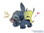  &lt;3 2014 alien all_fours angry annoyed black_eyes blue_body blue_fur blue_nose blue_pawpads claws crossover disguise disney duo experiment_(lilo_and_stitch) fur gir hug hugging_from_behind invader_zim lilo_and_stitch looking_back naplez narrowed_eyes nickelodeon one_ear_up pawpads squint stitch_(lilo_and_stitch) text url 