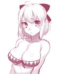  1girl ahoge bare_shoulders bikini blush breasts bright_pupils cleavage closed_mouth fate_(series) gishu koha-ace large_breasts looking_at_viewer medium_hair monochrome okita_souji_(fate) okita_souji_(fate)_(all) pink_theme simple_background solo sweat swimsuit upper_body white_background 