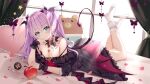  apple aqua_eyes bed demon food fruit goth-loli horns ju_(a793391187) lolita_fashion pointed_ears purple_hair socks succubus tail twintails wings 