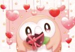  bird blurry brown_eyes commentary_request gen_7_pokemon head_tilt heart looking_at_viewer mouth_hold no_humans owl pink_ribbon pokemon pokemon_(creature) ribbon rowlet solo star_(symbol) ynmr_ll 
