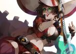  1girl belt black_hair fingerless_gloves glasses gloves guilty_gear guilty_gear_strive guitar hat highres i-no instrument jacket looking_at_viewer midriff motoaki red_jacket short_hair shorts thighhighs witch_hat 