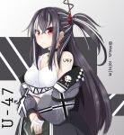  1girl azur_lane bandaged_hands bandages black_choker breasts choker closed_mouth cross_choker dated green_pants grey_hair grey_jacket highres iron_cross jacket klaius large_breasts long_hair looking_at_viewer multicolored_hair off_shoulder one_side_up pants red_eyes solo streaked_hair twitter_username u-47_(azur_lane) v_arms 