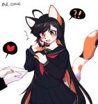  2020 5_fingers ?! anthro black_hair blush calico_cat clothed clothing domestic_cat envelope felid feline felis female fingers fully_clothed grey_eyes hair hi_res kemono long_hair mammal mottled open_mouth piebald ressue school_uniform simple_background solo standing tongue uniform white_background 