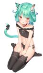  1girl animal_ears black_bra black_legwear black_panties bra cat_ear_panties cat_ears cat_girl cat_tail choker flat_chest frilled_bra frills green_hair highres hololive k_mugura kemonomimi_mode looking_at_viewer medium_hair navel panties parted_lips red_choker red_eyes side-tie_panties sitting solo stomach string_panties tail thighhighs thighs underwear underwear_only uruha_rushia virtual_youtuber wariza 