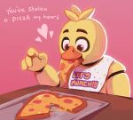  &lt;3 2021 animatronic anthro avian beak bib bird chica_(fnaf) chicken digital_media_(artwork) eating english_text female five_nights_at_freddy&#039;s food furniture galliform gallus_(genus) head_tuft holidays looking_down machine phasianid pink_eyes pizza pizza_box raised_arm robot skylordlysander solo table text tuft valentine&#039;s_day video_games yellow_body 