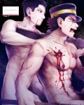  2boys abs absurdres black_eyes black_hair blood brown_eyes collarbone completely_nude golden_kamuy gun highres holding holding_gun holding_weapon male_focus multiple_boys nipples nude ogata_hyakunosuke pectorals rifle scar scar_on_cheek scar_on_face short_hair sugimoto_saichi very_short_hair weapon yuu_(isis7796) 