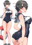  1girl ass bangs black_hair black_neckwear black_swimsuit blue_sailor_collar blush breasts comala_(komma_la) cosplay eyebrows_visible_through_hair hair_flaps hair_ornament hair_ribbon highres holding innertube jingei_(kancolle) kantai_collection large_breasts multiple_views one-piece_swimsuit open_mouth red_eyes ribbon ro-500_(kancolle) ro-500_(kancolle)_(cosplay) sailor_collar simple_background sleeveless standing swimsuit swimsuit_under_clothes torpedo white_background 