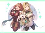  2girls :d bangs bare_shoulders black_gloves black_legwear blonde_hair breasts chest_jewel covered_navel cropped_legs dress earrings fingerless_gloves gloves highres jewelry long_hair medium_breasts mirin. multiple_girls mythra_(xenoblade) open_mouth pantyhose pyra_(xenoblade) red_eyes red_hair red_legwear red_shorts short_dress short_hair short_shorts shorts smash_invitation smile super_smash_bros. swept_bangs thighhighs tiara very_long_hair white_background white_dress xenoblade_chronicles_(series) xenoblade_chronicles_2 yellow_eyes 