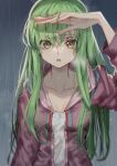  1girl breasts c.c. cleavage code_geass collarbone creayus eyebrows_visible_through_hair green_hair hair_between_eyes jacket long_hair long_sleeves looking_at_viewer medium_breasts open_mouth purple_jacket rain solo wet wet_hair yellow_eyes 