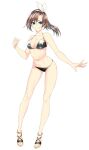  1girl ankleband bikini black_bikini blue_eyes bow bow_hairband breasts brown_hair character_request cleavage closed_mouth copyright_request full_body hair_bow hairband highres large_breasts looking_at_viewer navel ponytail sandals shukusuri simple_background smile solo swimsuit white_background white_bow white_hairband 