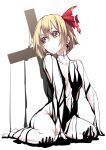  +_+ 1girl barefoot breasts closed_mouth completely_nude cross cross_earrings earrings hair_ornament highres jewelry latin_cross medium_hair nude pale_skin red_eyes rumia scar_on_neck shukusuri slime_(substance) small_breasts solo surgical_scar touhou 