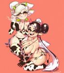  2girls absurdres animal_print bare_shoulders black_gloves black_hair blush callie_(splatoon) closed_mouth collarbone covered_nipples cow_print cup earrings elbow_gloves eyes_visible_through_hair fake_horns fake_tail film_grain gloves goat_(hotaruman97) green_hair highres holding holding_cup horns huge_filesize jewelry light_green_hair long_hair looking_at_viewer marie_(splatoon) milk mole mole_under_eye multiple_girls navel no_shoes open_mouth orange_eyes pointy_ears shiny shiny_skin sitting smile splatoon_(series) tail tentacle_hair thighhighs tongue twitter_username wariza 