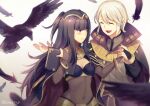  1boy 1girl ^_^ ane-suisei bangs bird black_feathers black_hair black_nails black_sleeves blunt_bangs blush bodysuit bracelet breasts bridal_gauntlets cleavage closed_eyes closed_mouth couple covered_navel detached_sleeves eyebrows_visible_through_hair fire_emblem fire_emblem_awakening floating_hair henry_(fire_emblem) hetero highres holding holding_hands jewelry long_hair long_sleeves medium_breasts nail_polish shiny shiny_hair short_hair silver_hair tharja_(fire_emblem) turtleneck two_side_up very_long_hair white_background 