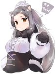 1girl anteater_ears anteater_tail black_corset black_gloves black_neckwear bow bowtie brown_eyes center_frills corset eyebrows_visible_through_hair frills fur_sleeves giant_anteater_(kemono_friends) gloves highres kemono_friends long_hair long_sleeves looking_at_viewer pointing shirt silver_hair solo suicchonsuisui translated white_shirt 