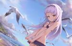  1girl bangs bare_arms bare_shoulders bikini bird blue_sky breasts bwh choker closed_mouth cloud criss-cross_halter day dutch_angle groin halterneck highres hololive light_smile long_hair looking_at_viewer lowleg microskirt murasaki_shion navel ocean outdoors pleated_skirt purple_bikini purple_skirt seagull silver_hair skirt sky small_breasts solo standing stomach summer swimsuit virtual_youtuber wind yellow_eyes 