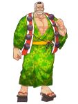  1boy abs arm_at_side bara beard clenched_hand facial_hair floral_print full_body green_kimono highres hogen_(tokyo_houkago_summoners) horns japanese_clothes kimono looking_at_viewer lostdog121 male_focus muscular muscular_male old old_man open_clothes open_shirt pectorals single_horn solo standing tokyo_houkago_summoners white_background white_hair 