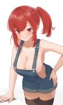  1girl bangs bare_arms bare_shoulders black_legwear blush breasts cleavage commentary_request cowboy_shot hand_on_hip highres jfjf large_breasts looking_at_viewer original overalls ponytail red_eyes red_hair short_hair smile solo standing thighhighs white_background 