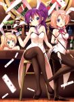  3girls :d ;d animal_ears aqua_eyes black_footwear black_legwear blonde_hair blurry blurry_foreground breasts bunny_ears card cleavage closed_mouth collarbone crossed_legs detached_collar fake_animal_ears gochuumon_wa_usagi_desu_ka? hair_ornament hairband hairclip high_ponytail highres holding holding_plate hoto_cocoa kirima_sharo leotard light_brown_hair long_hair looking_at_viewer medium_breasts multiple_girls neck_ribbon necktie one_eye_closed open_mouth pantyhose plate purple_eyes purple_hair purple_neckwear red_ribbon ribbon rowdon shiny shiny_clothes shiny_hair shiny_legwear sidelocks smile standing standing_on_one_leg strapless strapless_leotard tedeza_rize white_hairband wrist_cuffs 
