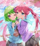  2girls :o bangs black_skirt blue_eyes blue_sweater blush box cherry_blossoms commission drinking_straw eyebrows_visible_through_hair green_hair highres holding holding_box juice_box koyubita leaning_on_person long_hair long_sleeves looking_at_viewer miniskirt multiple_girls one_eye_closed original petals pink_hair purple_eyes purple_sweater short_hair signature skeb_commission skirt sky standing sweater twintails very_long_hair 