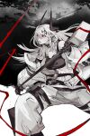  1girl arknights bare_shoulders black_gloves black_shirt collarbone crop_top ear_piercing gloves hammer holding holding_hammer holding_weapon horns infection_monitor_(arknights) mudrock_(arknights) open_mouth pants piercing pointy_ears red_eyes shirt silver_hair solo sweat tobi_(one) weapon 