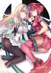  bangs bare_legs bare_shoulders black_gloves blonde_hair breasts chest_jewel dress earrings elbow_gloves fingerless_gloves gloves hinot jewelry large_breasts long_hair mythra_(xenoblade) pantyhose pyra_(xenoblade) red_eyes red_hair red_legwear red_shorts short_dress short_hair short_shorts shorts super_smash_bros. swept_bangs thighhighs tiara very_long_hair white_dress white_footwear white_gloves xenoblade_chronicles_(series) xenoblade_chronicles_2 yellow_eyes 