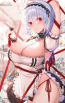  1girl anchor_choker apron arm_above_head armpits azur_lane bangs black_dress black_hairband blue_flower blurry blurry_background blush breasts candy chocolate chocolate_heart cleavage closed_mouth crossed_bangs detached_sleeves dido_(azur_lane) dress eyebrows_visible_through_hair flower food glint hair_between_eyes hairband heart highres holding holding_chocolate holding_food hwansang_jungdog indoors kitchen large_breasts lens_flare looking_at_viewer morning_glory panties red_eyes red_panties short_hair side-tie_panties silver_hair solo tearing_up underwear wavy_mouth white_apron 
