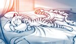  2021 anthro bed casual_nudity conditional_dnp convenient_censorship digitigrade felid female fur furniture hi_res hugging_pillow ivy_(twokinds) keidran looking_at_viewer lying mammal monochrome navel nude on_bed on_side one_eye_closed pantherine pillow sketch smile solo striped_body striped_fur stripes tiger tom_fischbach twokinds webcomic 