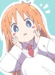  1girl aqua_background blue_eyes blush_stickers eyebrows_visible_through_hair ixy labcoat long_hair long_sleeves looking_at_viewer necktie nichijou orange_hair professor_shinonome red_neckwear simple_background solo symbol_commentary upper_body 