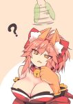  1girl ? @_@ animal_ear_fluff animal_ears bare_shoulders bell breasts cat_paws cleavage collar collarbone detached_sleeves eyebrows_visible_through_hair fate/grand_order fate_(series) fox_ears fox_girl gloves hair_ribbon highres japanese_clothes jingle_bell kimono large_breasts long_hair looking_up neck_bell paw_gloves paws pink_hair ponytail red_kimono red_ribbon ribbon solo tail tamamo_(fate)_(all) tamamo_cat_(fate) wisespeak yellow_eyes 