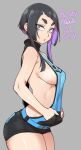  1girl 2021 agawa_ryou bare_shoulders black_hair breasts dated grey_background large_breasts long_hair multicolored_hair original purple_hair short_hair short_shorts shorts sideboob silver_eyes simple_background solo thick_eyebrows thick_thighs thighs two-tone_hair 
