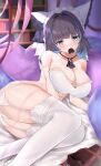  1girl artist_name azur_lane bare_shoulders bed blue_eyes blush bra breasts cheshire_(azur_lane) chocolate cleavage closed_mouth eyebrows_visible_through_hair garter_straps hair_ribbon highres large_breasts lingerie long_hair looking_at_viewer lying megumi_kei multicolored_hair on_side panties purple_hair ribbon shared_food smile solo thigh_strap thighs underwear valentine white_bra white_legwear white_panties 