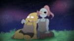  2018 alphys alpi animal_humanoid anthro blush clothing duo eye_patch eyewear female female/female fish fish_humanoid glasses hi_res humanoid lizard marine marine_humanoid night reptile romantic_couple scalie shirt sitting sky star starry_sky tank_top topwear undertale undyne video_games 