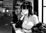  1girl bangs black_hair black_jacket breasts cat cat_day cleavage closed_mouth highres indoors jacket large_breasts light_rays long_hair looking_at_viewer naoko-san naoko_(9113419) original plant tank_top window 