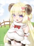  1girl :d absurdres ahoge bare_shoulders blonde_hair blush braid breasts curled_horns dated detached_sleeves elbow_gloves fence french_braid fur_collar gloves grass hair_ornament hairclip hairpin highres hololive horns klaius large_breasts long_hair looking_at_viewer open_mouth purple_eyes short_sleeves smile solo tsunomaki_watame twitter_username upper_body virtual_youtuber wooden_fence 