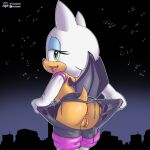  anthro anus breasts butt chiropteran clothing eyeshadow female fours_(artist) genitals hi_res looking_back makeup mammal night presenting presenting_hindquarters pussy rouge_the_bat side_boob smile solo sonic_the_hedgehog_(series) torn_clothing 