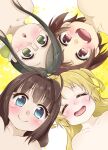  4girls ahoge bare_shoulders blonde_hair blue_eyes blush brown_eyes brown_hair charlotte_izoard closed_eyes collarbone eyebrows_visible_through_hair fangs from_below glasses green_eyes green_hair hair_intakes happy hinatsuru_ai kazuya_lolicon long_hair looking_at_viewer mizukoshi_mio multiple_girls nude open_mouth ryuuou_no_oshigoto! sadatou_ayano short_hair sidelocks smile surprised teeth tongue two_side_up 