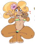  &lt;3 2021 3_toes 4_fingers accessory activision anthro bandicoot barefoot beverage bikini black_nose blonde_hair bracelet breasts cleavage clothed clothing coco_bandicoot coconut coconut_drink countershade_face countershade_hands countershade_torso countershading crash_bandicoot_(series) crouching curled_hair drupe_(fruit) eyelashes eyeshadow feet female fingers flower flower_in_hair food front_view fruit fur gesture green_eyes hair hair_accessory holding_beverage holding_object iaredumbo jewelry long_hair makeup mammal marsupial navel necklace plant ponytail smile solo swimwear tan_body tan_fur toes under_boob v_sign video_games 