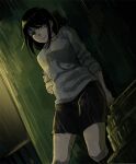  1girl ajin_(sakurai_gamon) arm_behind_back black_hair black_skirt brown_eyes crying dutch_angle kneehighs medium_hair outdoors rain saki_(c_ybrbnby) shimomura_izumi shirt skirt standing white_shirt 