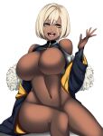  1girl absurdres blonde_hair breasts camui_kamui dark_skin dark_skinned_female eyebrows_visible_through_hair gauntlets hair_between_eyes highres impossible_clothes large_breasts navel no_nipples nude open_mouth original revealing_clothes scar scar_on_cheek scar_on_face short_hair sitting stitches teeth thighs tongue yellow_eyes 