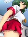  1girl alternate_costume ass blurry blurry_background blush breasts ceiling_light commentary cowboy_shot eyebrows_visible_through_hair from_below green_hair hair_between_eyes hallway indoors kazami_yuuka looking_at_viewer medium_breasts midriff_peek miniskirt open_mouth orange_eyes panties pleated_skirt red_skirt school_uniform serafuku shirt short_hair short_sleeves skirt solo sweatdrop touhou underwear upskirt white_panties white_shirt yadokari_genpachirou yellow_neckwear 