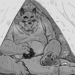 2021 anthro anthro_penetrating anthro_penetrating_human belly blush bodily_fluids butt canid canine clothing cum cum_on_butt duo genital_fluids hi_res human human_on_anthro human_penetrated interspecies japanese_text kemono male male/male mammal mtmnkmn oral overweight overweight_male penetration sex shirt sitting sweat text tongue tongue_out topwear 