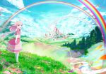  1girl :d blue_bow blush bow castle cloud cloudy_sky commentary day dress field floating_hair flower flower_field flower_request frilled_dress frills grass hair_bow itouchaba kneehighs long_hair looking_back open_mouth original outdoors petals pink_capelet pink_dress pink_eyes pink_hair rainbow river scenery sky smile solo standing stream tree white_legwear wind 