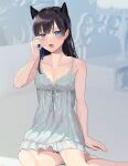  1girl animal_ears bare_arms bare_shoulders barefoot black_hair blue_eyes blush breasts collarbone dog_ears fang fangs hair_between_eyes long_hair looking_at_viewer medium_breasts on_bed open_mouth original sitting sitting_on_bed sleepwear torihara_shuu 