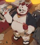  2021 absurd_res anthro belly blush bulge clothing detailed_background eyewear food footwear fur glasses group happi_(clothing) hi_res humanoid_hands kemono male mammal moobs nipples overweight overweight_male piero03432812 sandals underwear ursid white_body white_fur 
