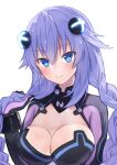  1girl aisu_(icicleshot) blue_eyes blush braid breasts cleavage collarbone eyebrows_visible_through_hair hair_between_eyes hair_ornament happy highres long_hair looking_at_viewer medium_breasts neptune_(series) open_mouth power_symbol power_symbol-shaped_pupils purple_hair purple_heart smile solo symbol-shaped_pupils twin_braids 