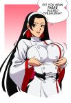  1girl black_hair breast_hold breasts covered_nipples english_text hairband highres kagura_chizuru large_breasts long_hair mergeritter solo speech_bubble the_king_of_fighters_xv 